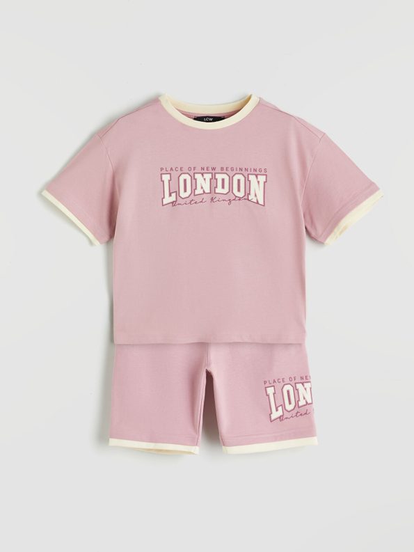 LCW Kids Pink Crew Neck London Print T-Shirt and Shorts Set