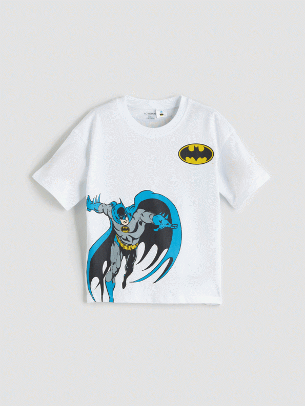 LCW Kids White Batman Print Crew Neck T-Shirt for Boys
