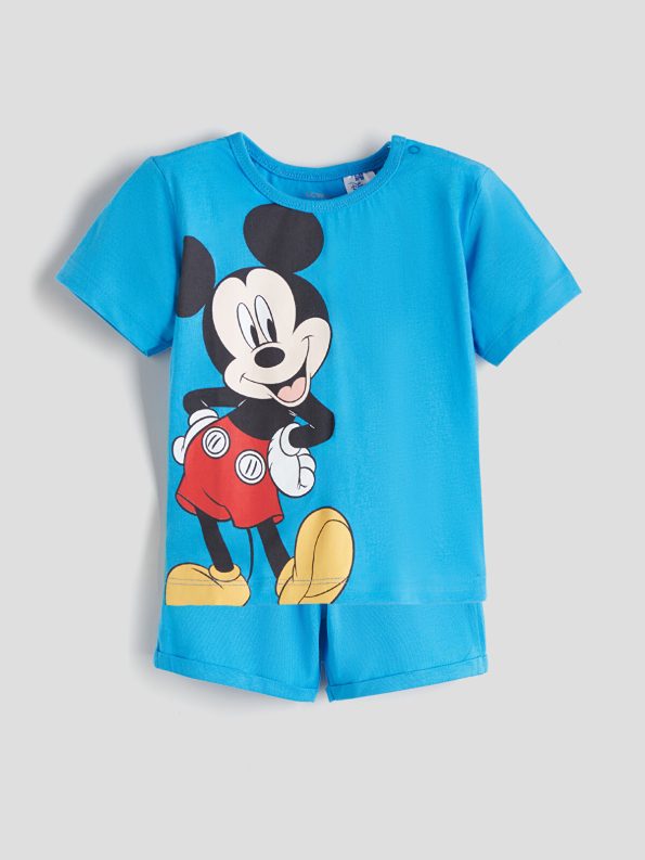 LCW Baby Blue Mickey Mouse Printed Boys' T-Shirt and Shorts Set