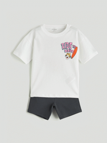 LCW Kids Cream Printed Boys T-Shirt and Shorts Set