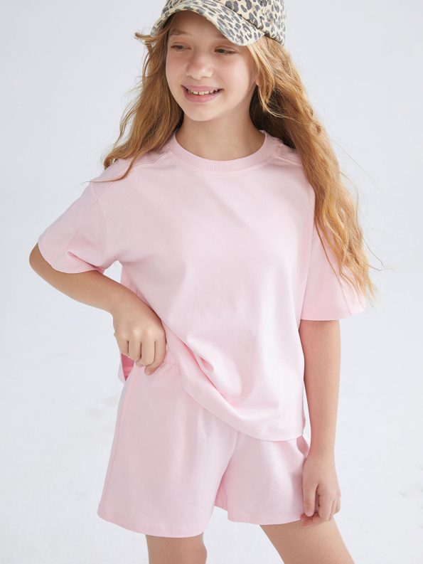 LCW Kids Pink Crew Neck T-Shirt and Shorts Set