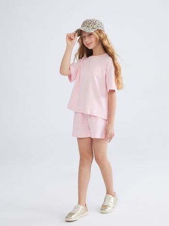 LCW Kids Pink Crew Neck T-Shirt and Shorts Set
