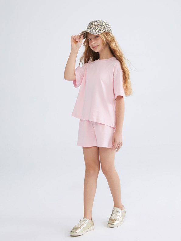 LCW Kids Pink Crew Neck T-Shirt and Shorts Set