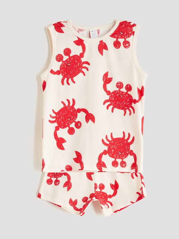 LCW Baby Cream Crab Print Boys' T-Shirt and Shorts Set