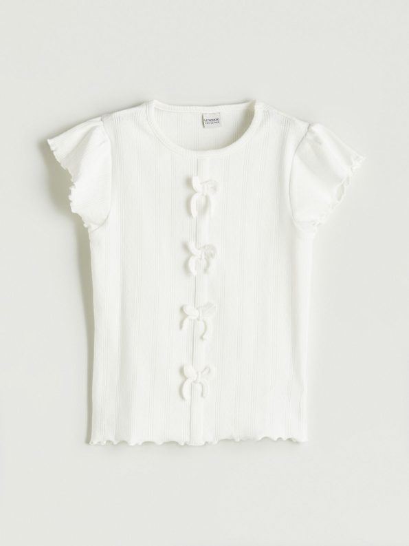 LCW Kids Cream Bicycle Neck Bow Detail Girls Crop T-Shirt