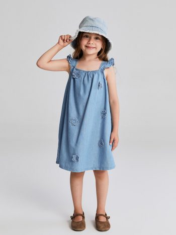 LCW Kids Indigo Square Neck Floral Girls Denim Dress