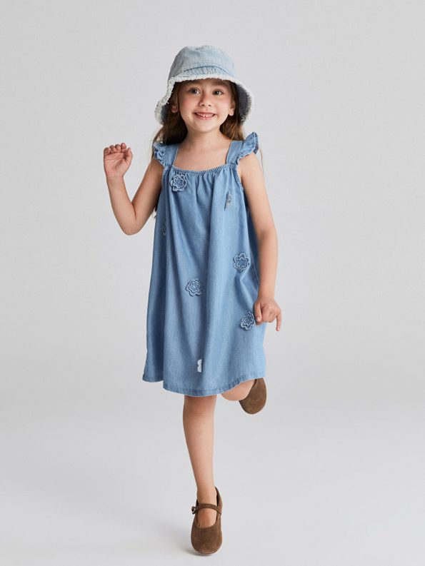 LCW Kids Indigo Square Neck Floral Girls Denim Dress