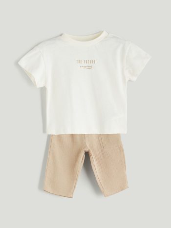 LCW Baby Cream Printed Boys' T-Shirt and Shorts Set