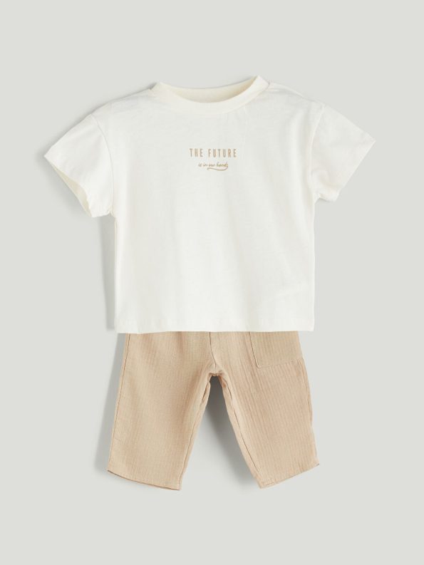 LCW Baby Cream Printed Boys' T-Shirt and Shorts Set