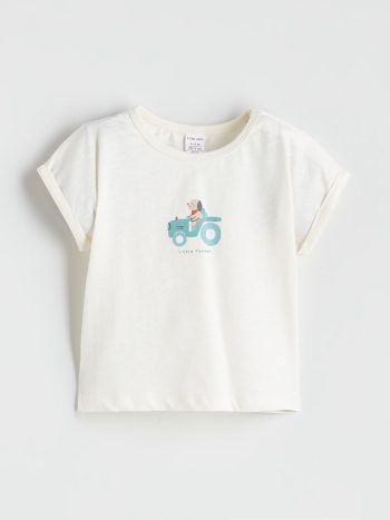 LCW Baby Cream Printed Boys T-Shirt and Pant Set