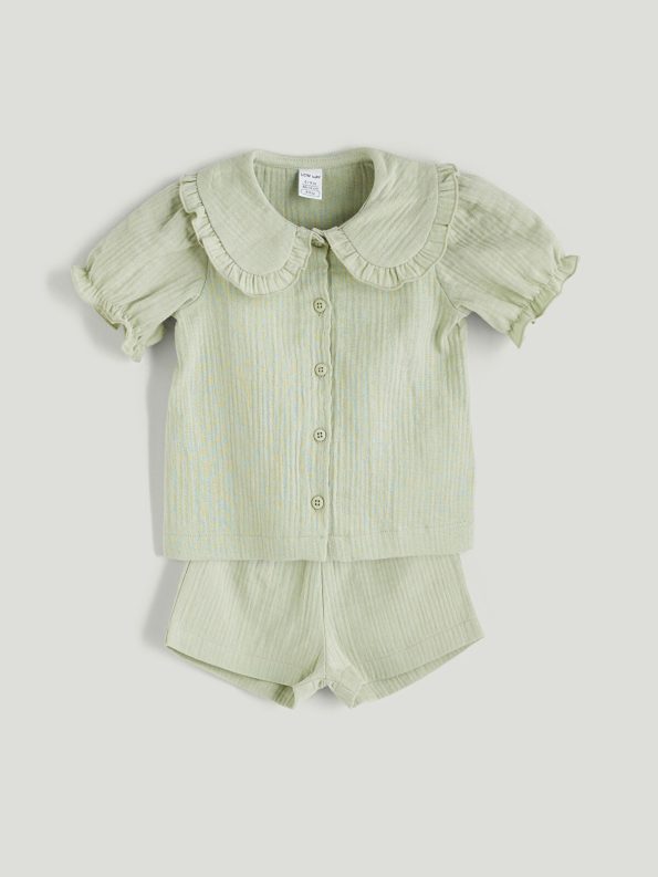 LCW Baby Green Ruffled Collar Girl's Shirt and Shorts Set