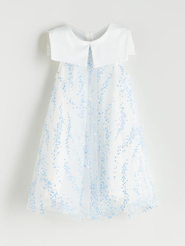 LCW Kids Cream Peter Pan Collar Printed Girls Tulle Dress