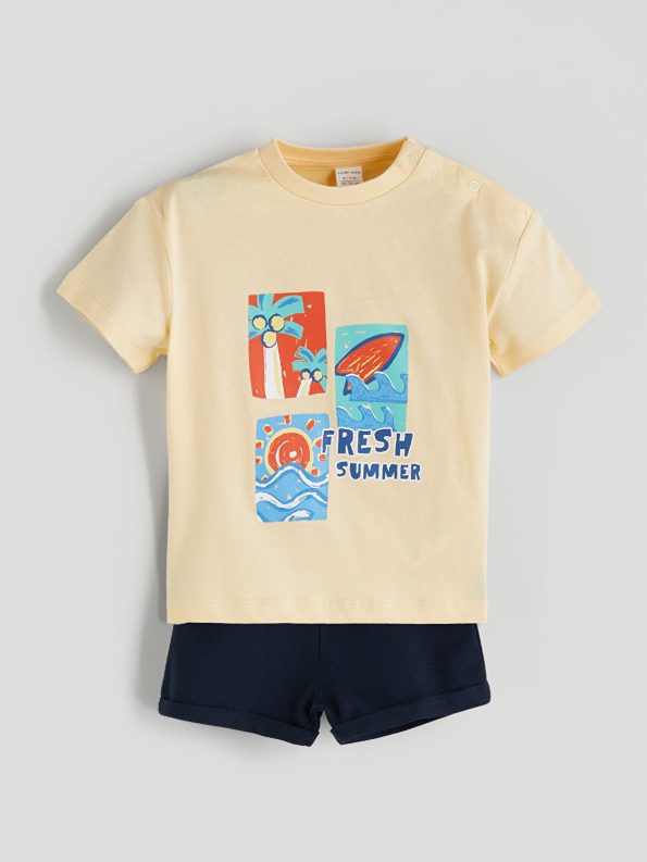 LCW Baby Yellow Printed Boys' T-Shirt and Shorts Set