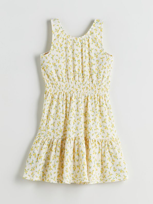 LCW Kids Cream Floral Print Dress with Round Neck