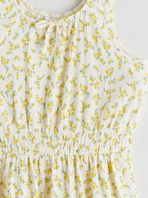 LCW Kids Cream Floral Print Dress with Round Neck