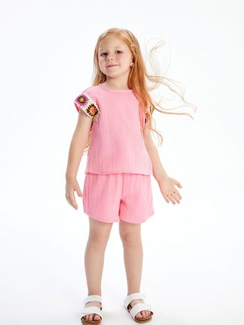 LCW Kids Pink Embroidered Blouse and Shorts Set