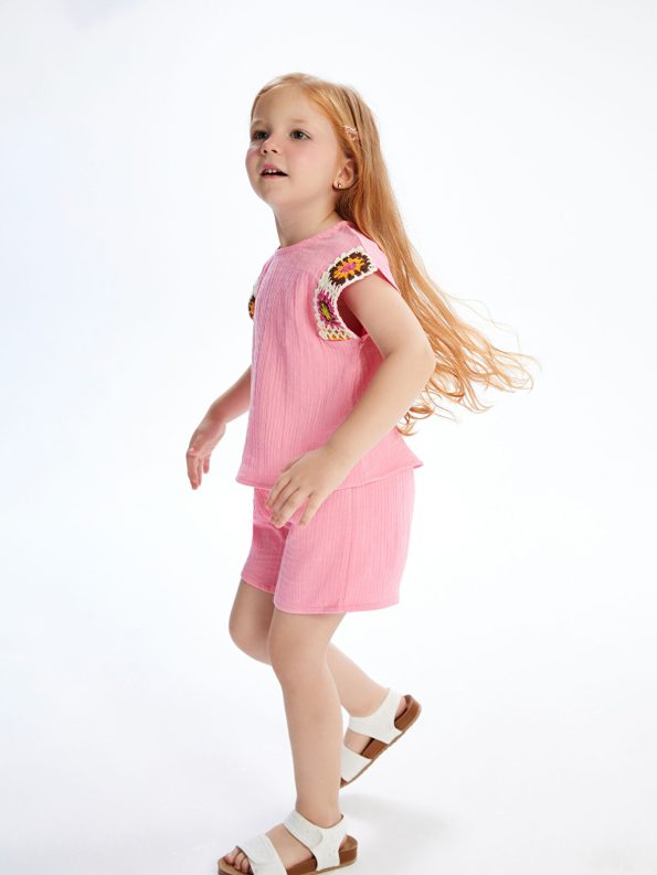 LCW Kids Pink Embroidered Blouse and Shorts Set