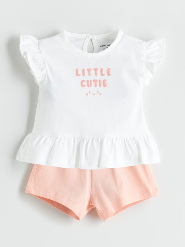 LCW Baby Cream Printed Ruffle Girl's Blouse and Shorts Set
