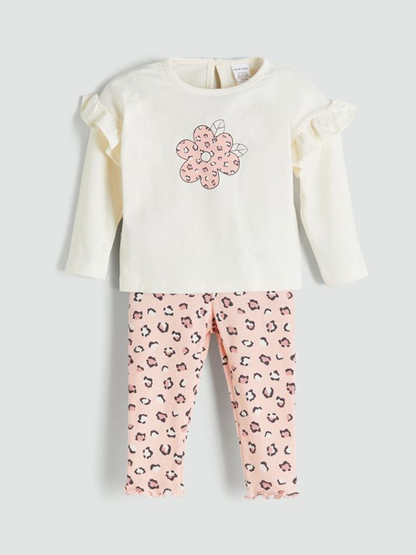 Baby Collar Long Sleeve Printed Girl's Blouse and Pants Set