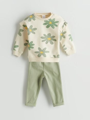 Baby Collar Long Sleeve Printed Girl Baby Blouse and Pants Set