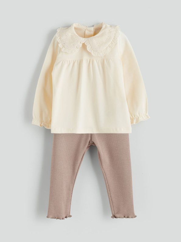 Baby Collar Long Sleeve Printed Girl's Blouse and Pants Set