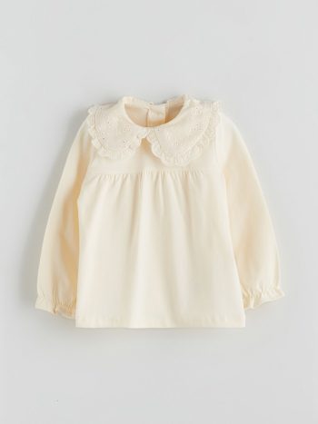Baby Collar Long Sleeve Printed Girl's Blouse and Pants Set