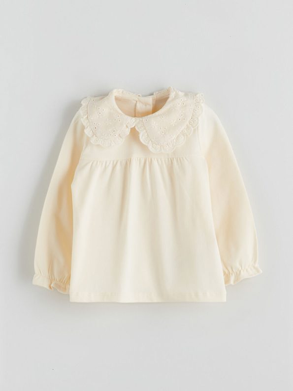 Baby Collar Long Sleeve Printed Girl's Blouse and Pants Set
