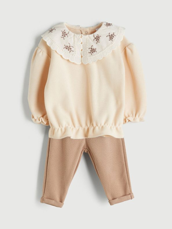 Baby Collar Long Sleeve Printed Girl's Blouse and Pants Set