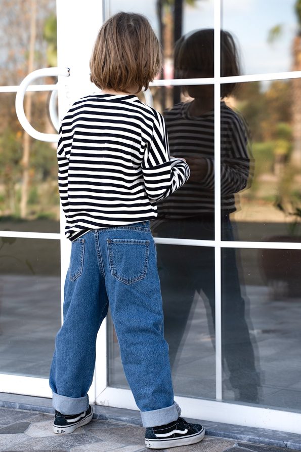 Navy Blue Denim Pants - Dark Blue Striped Sweatshirt
