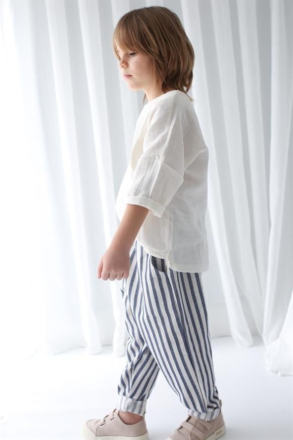 Navy Striped Linen Carrot Pants and Cream Şile Fabric Shirt