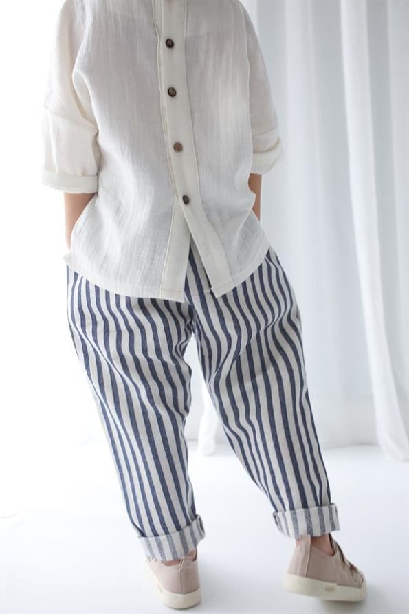 Navy Striped Linen Carrot Pants and Cream Şile Fabric Shirt