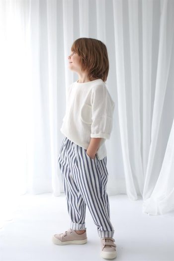 Navy Striped Linen Carrot Pants and Cream Şile Fabric Shirt