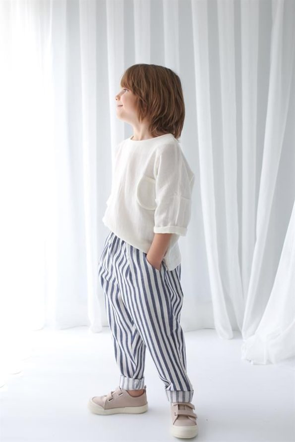 Navy Striped Linen Carrot Pants and Cream Şile Fabric Shirt