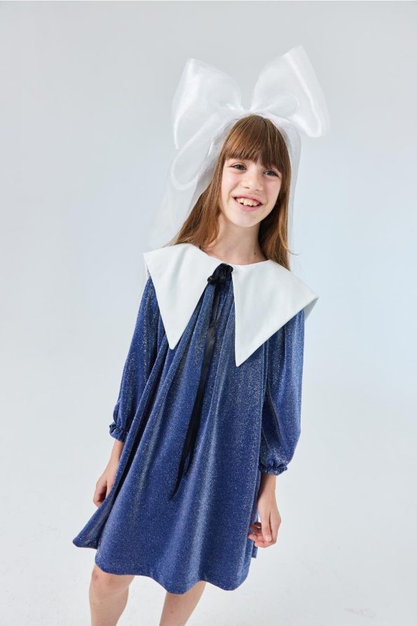 Navy Long Sleeve Shimmery Collar Detail Dress for Girls