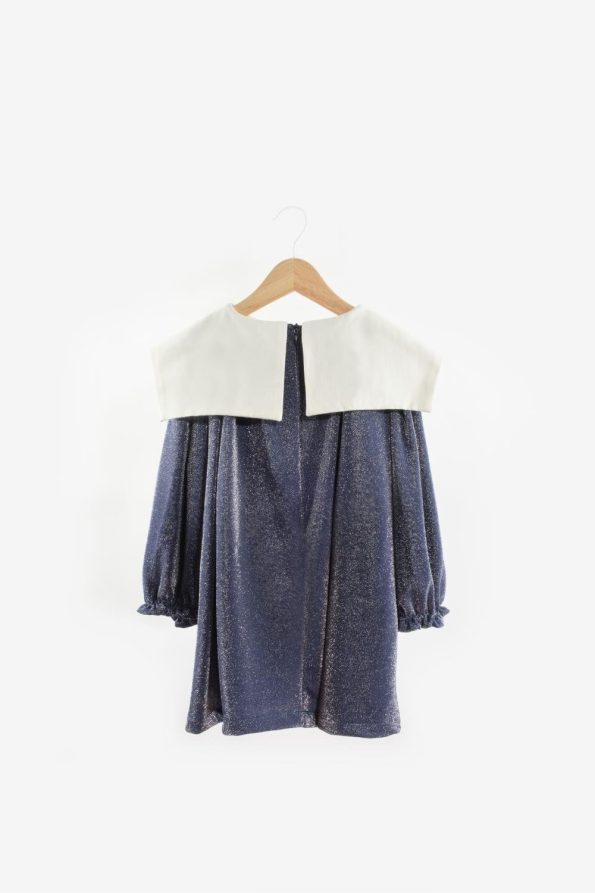 Navy Long Sleeve Shimmery Collar Detail Dress for Girls