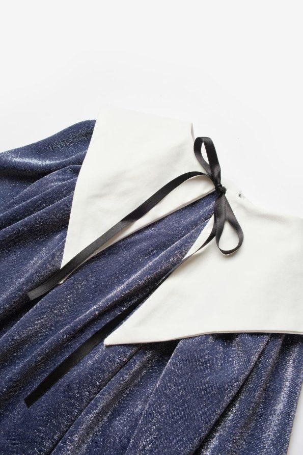 Navy Long Sleeve Shimmery Collar Detail Dress for Girls