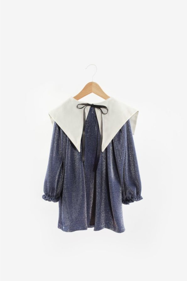 Navy Long Sleeve Shimmery Collar Detail Dress for Girls