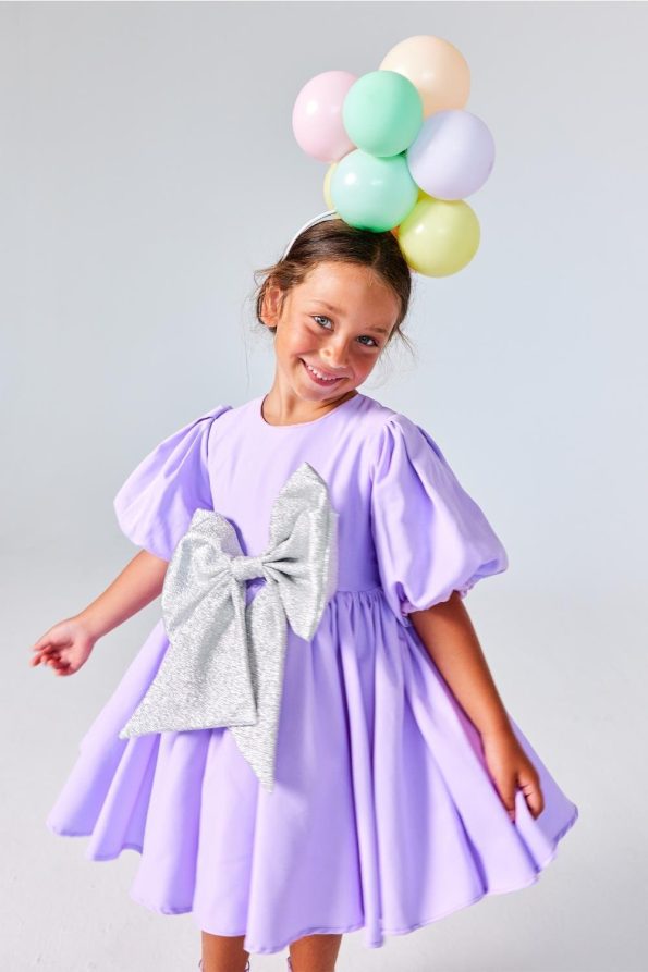 Lilac Giant Bow Detail Girls Dress - Celine