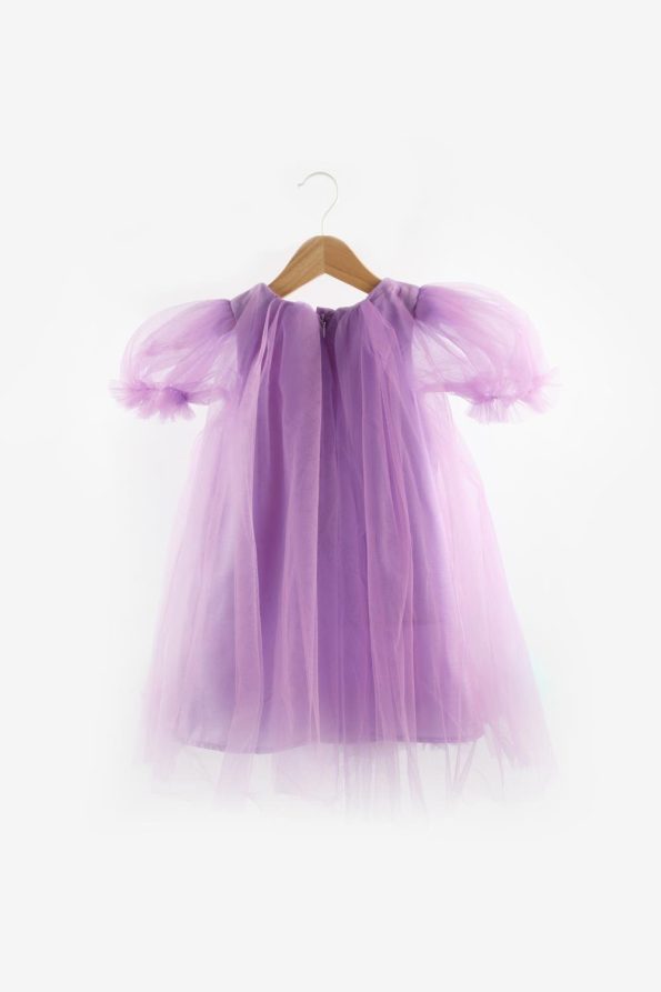 Lilac Short Sleeve Dress with Pom Poms for Girls - Lavonne