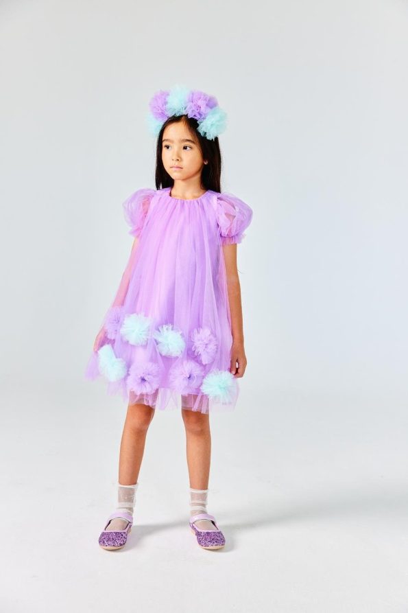 Lilac Short Sleeve Dress with Pom Poms for Girls - Lavonne