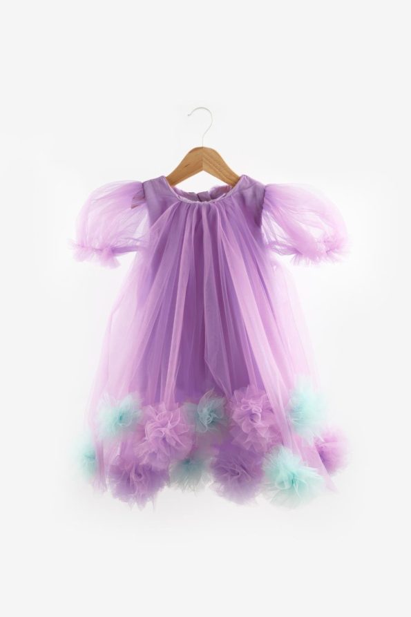 Lilac Short Sleeve Dress with Pom Poms for Girls - Lavonne