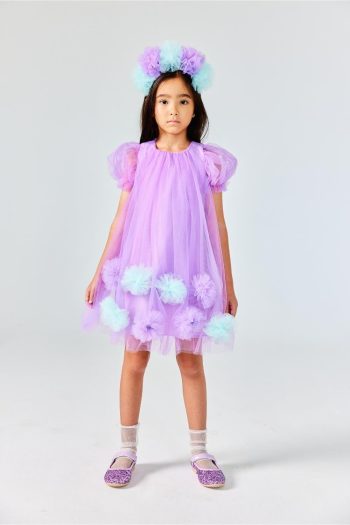Lilac Short Sleeve Dress with Pom Poms for Girls - Lavonne