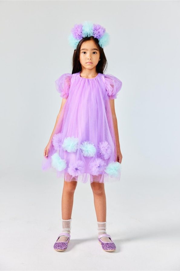 Lilac Short Sleeve Dress with Pom Poms for Girls - Lavonne