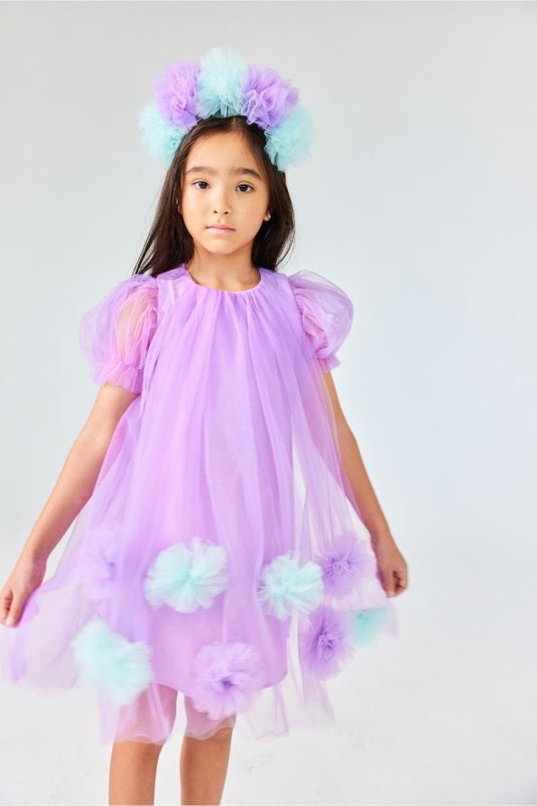 Lilac Short Sleeve Dress with Pom Poms for Girls - Lavonne
