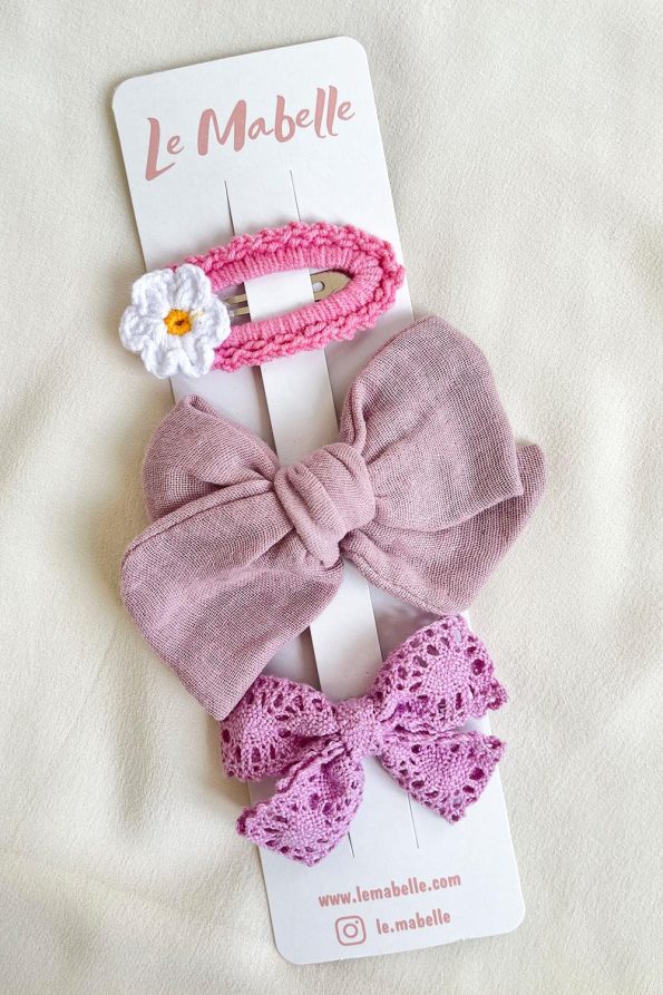 Lilac Knitted Flower Hair Clip Set