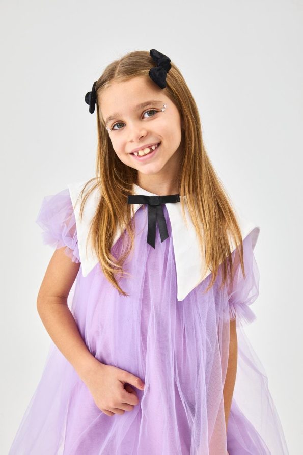 Lilac Pointed Collar Girl's Tulle Dress - Nicole