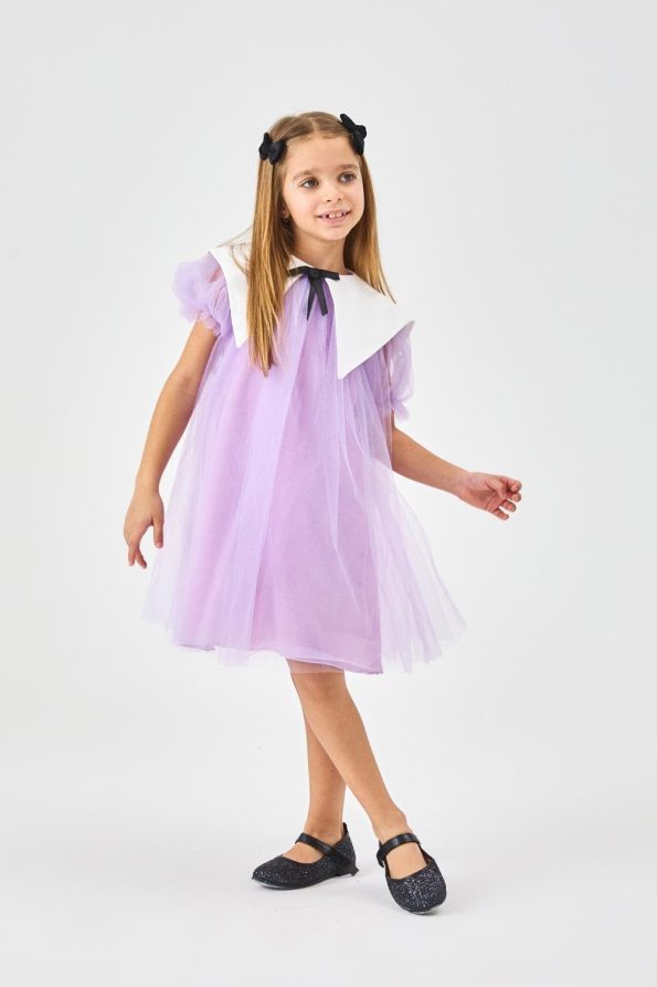 Lilac Pointed Collar Girl's Tulle Dress - Nicole