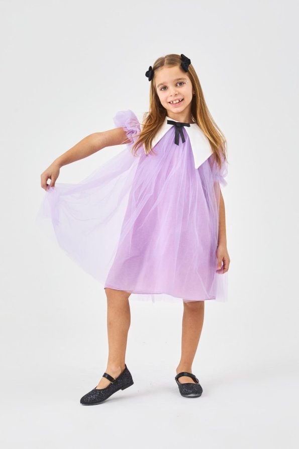 Lilac Pointed Collar Girl's Tulle Dress - Nicole