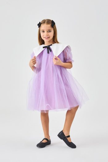 Lilac Pointed Collar Girl's Tulle Dress - Nicole