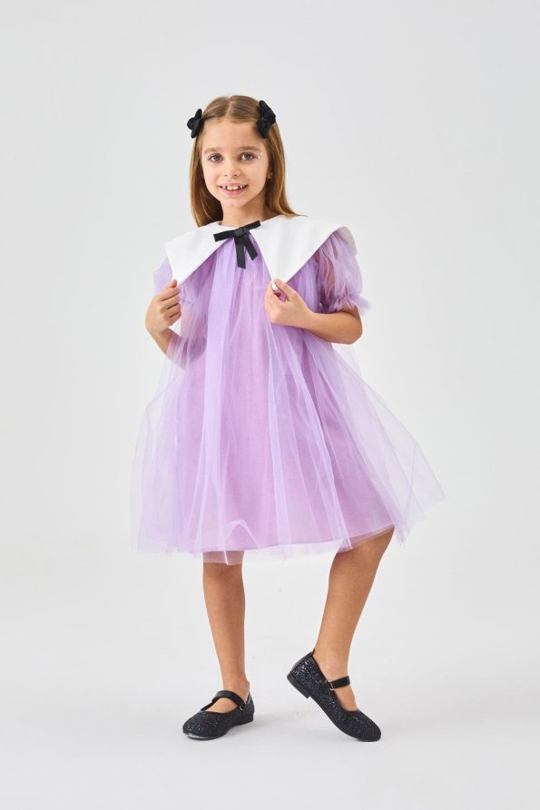 Lilac Pointed Collar Girl's Tulle Dress - Nicole